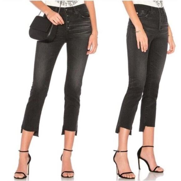 AG THE ISABELLE BUTTON-UP High Rise Straight Crop Jeans Raw Uneven Hems Black 27 - Picture 1 of 11